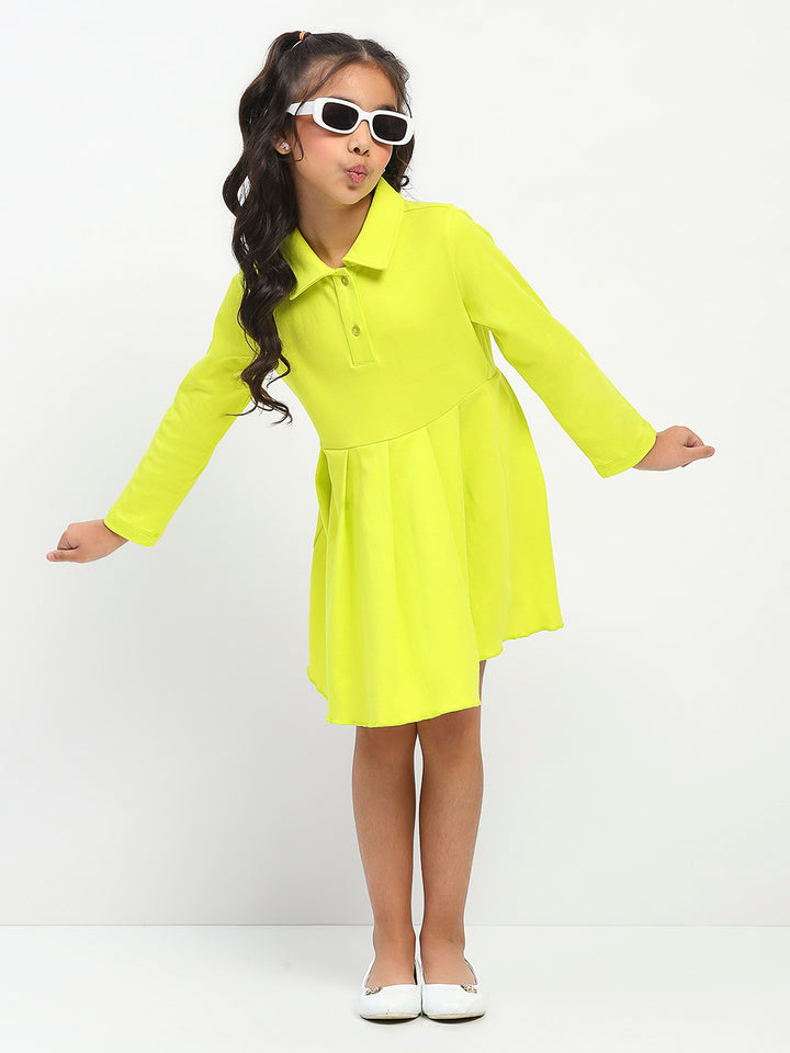 Girls Cotton Lime Green Polo Neck Pleated Dress
