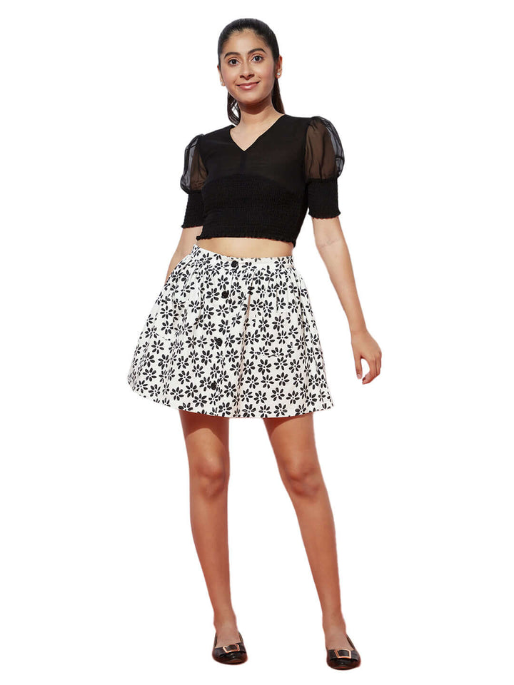 Black Swan Puff Sleeve Crop Top with White-Black Printed Skirt