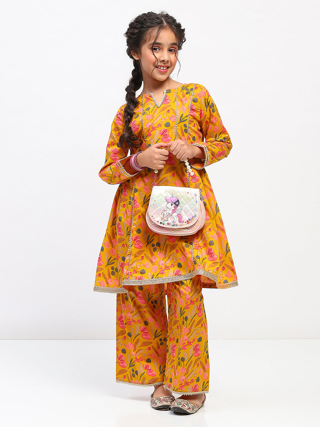 Girls Yellow Floral Print Ethnic Kurta and Palazzo Set