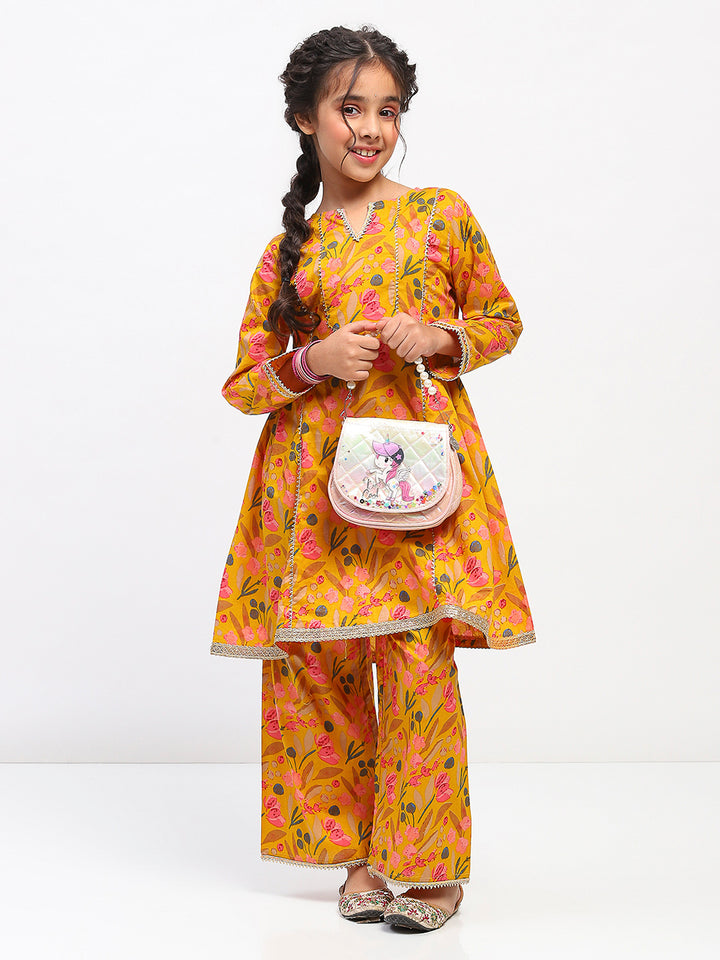 Girls Yellow Floral Print Ethnic Kurta and Palazzo Set