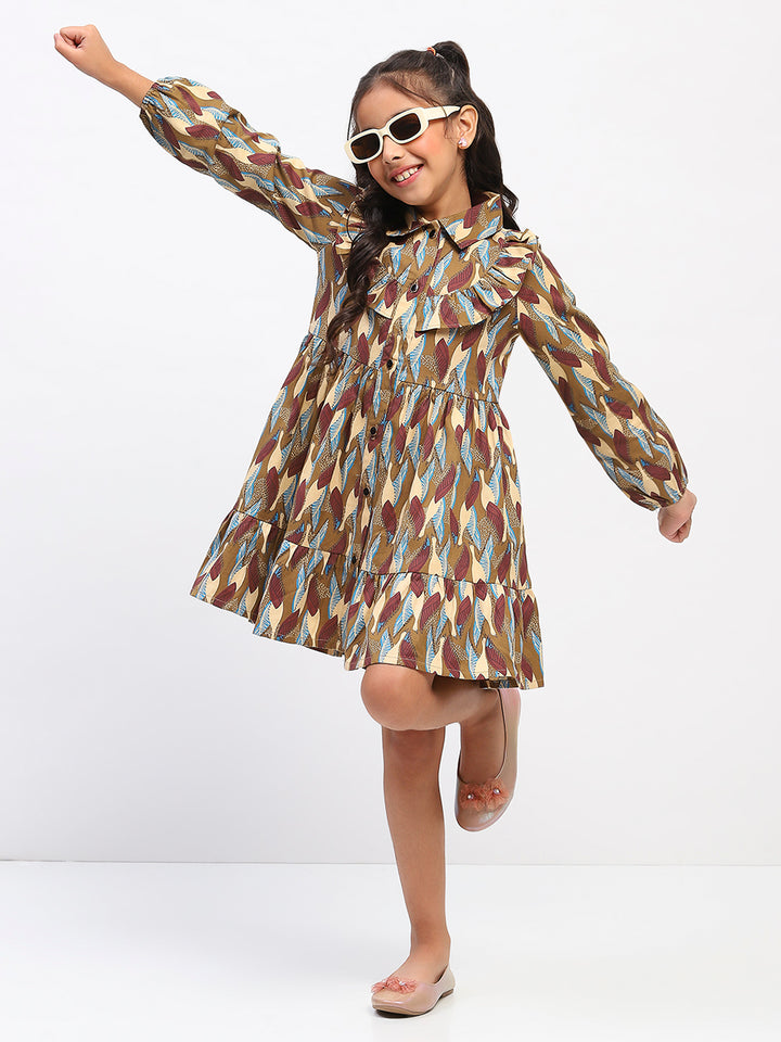 Girls Brown Abstract Print Fit and Flare Dress