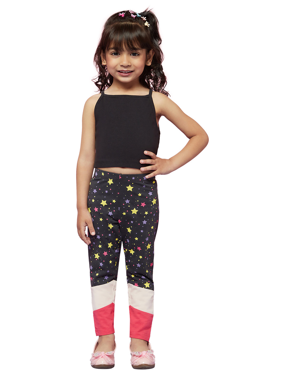Kid Girl's Navy Blue Sleeveless Top with Funky Printed Leggings