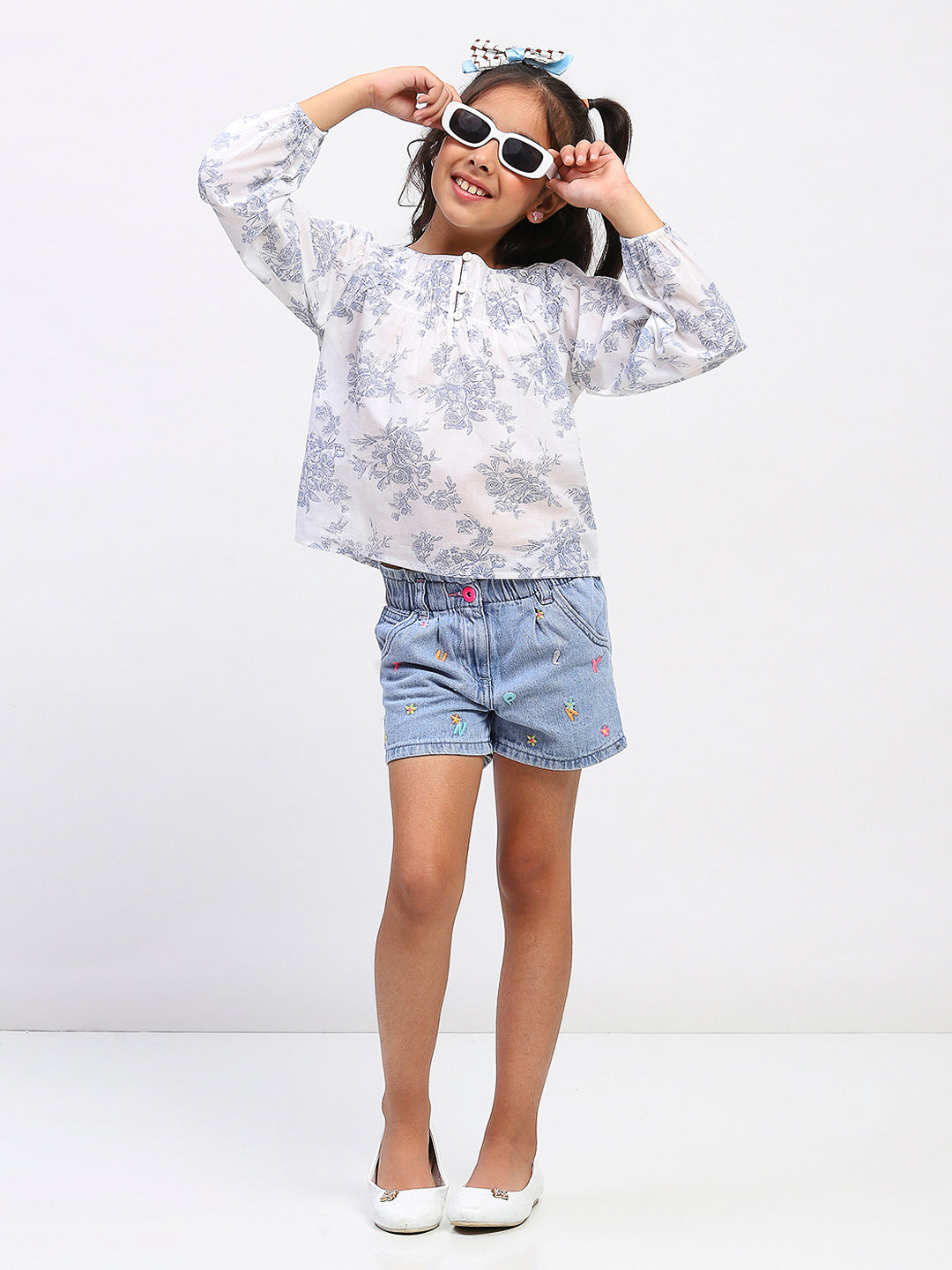 Girls White Cotton Printed Top