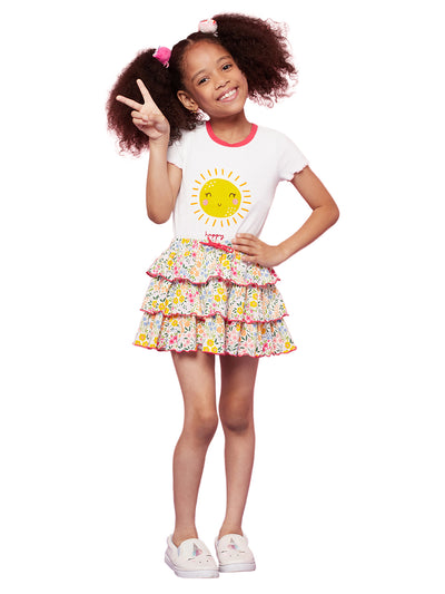 Kid Girls' Sun Print White T-Shirt and Colorful Printed Skirt