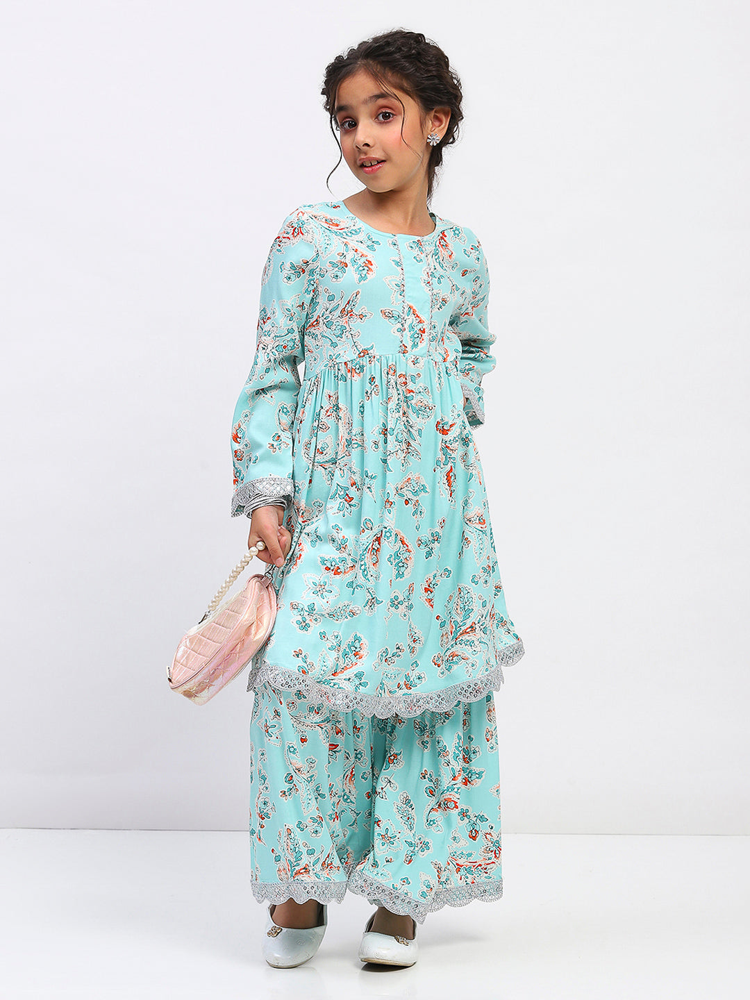 Girls Floral Print Ethnic Tiered  Kurta and Sharara Set