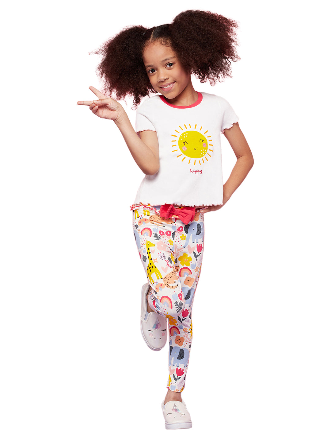 Kid Girls' Sun Print White T-Shirt and Colorful Printed Pants