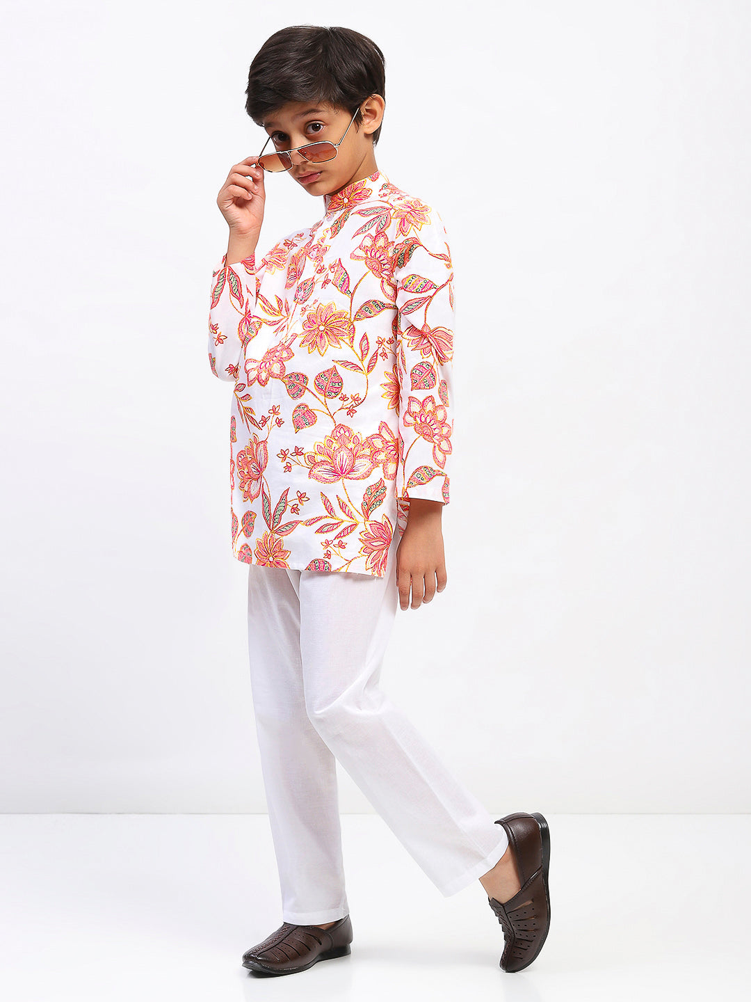 Boys Cotton Floral Print  Ethnic Kurta Pajama Set