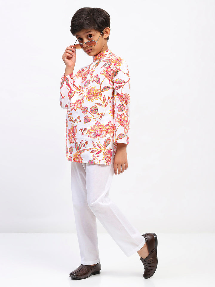 Boys Cotton Floral Print  Ethnic Kurta Pajama Set