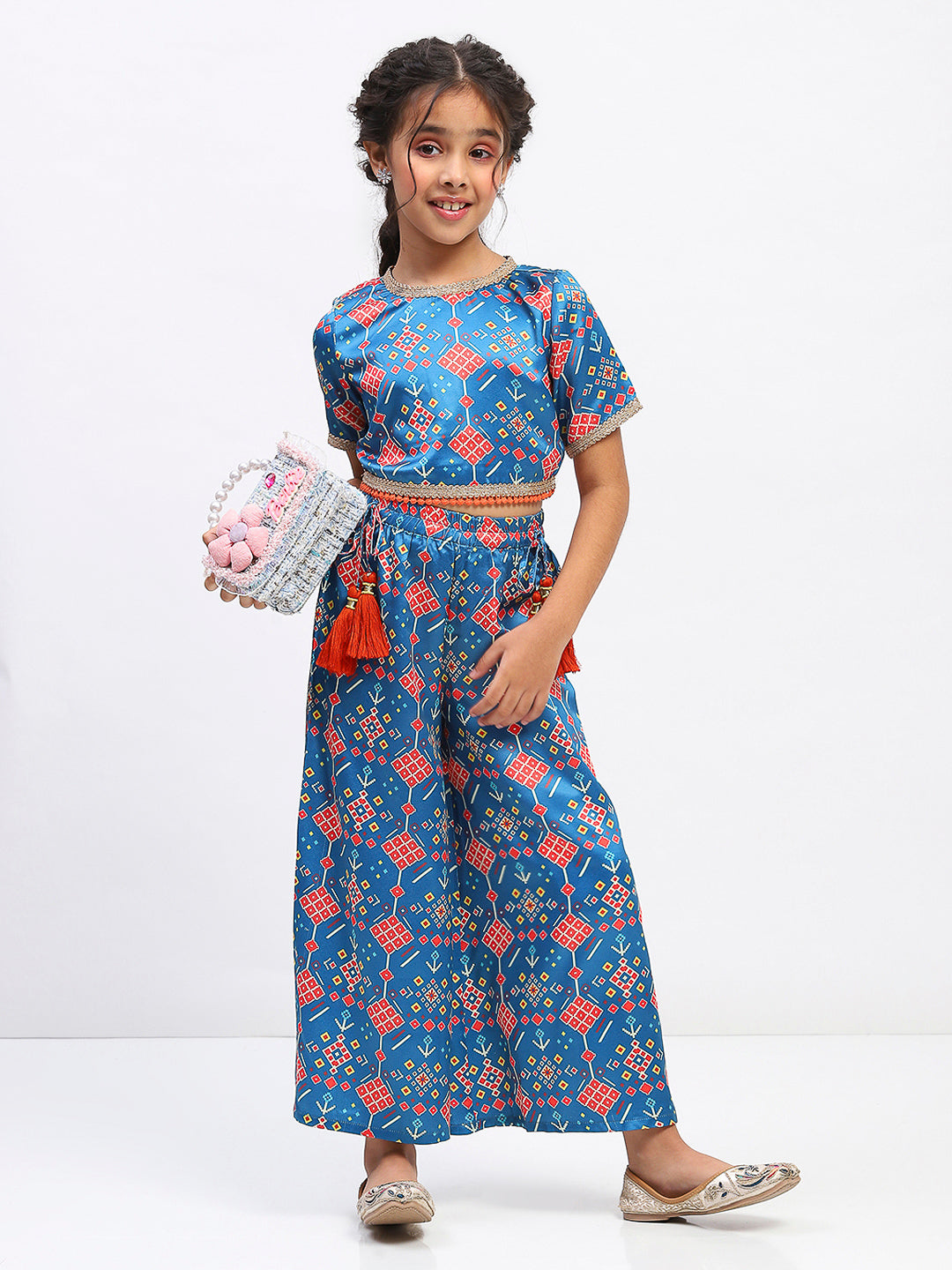 Girls Blue Printed Ethnic Top and Palazzo Set