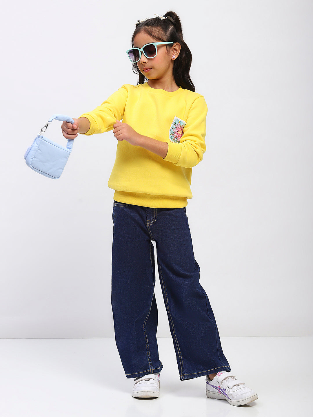 Girls Yellow Embroidered Floral Pocket Sweatshirt