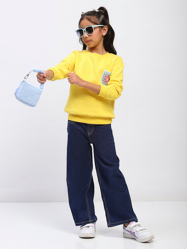 Girls Yellow Embroidered Floral Pocket Sweatshirt