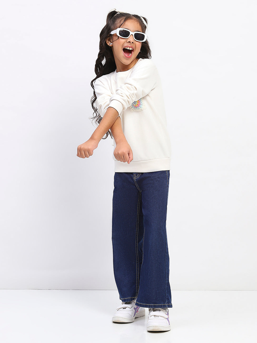 Girls White Embroidered Floral Pocket Sweatshirt