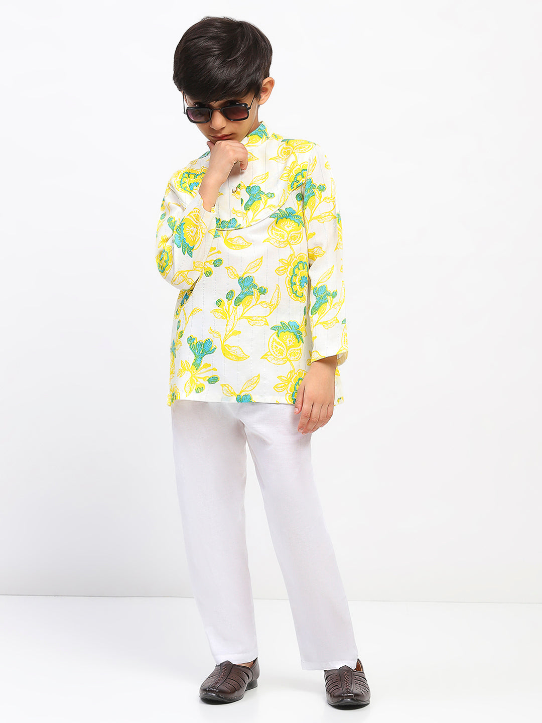 Boys White Cotton Printed Ethnic Kurta Pajama Set