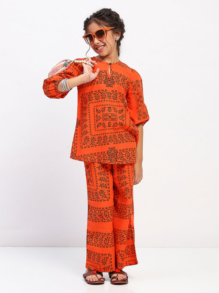 Girls Orange Cotton Tribal Print Ethnic Kurta & Pant Set