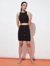 Stretch Ribbed Black Button Skirt