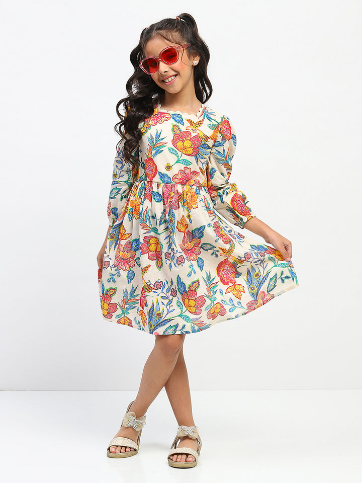 Girls MultiColor Collar Neck Floral Printed Dress
