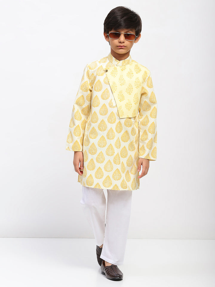 Boys White Poplin Cotton Printed Ethnic Kurta Pajama Set