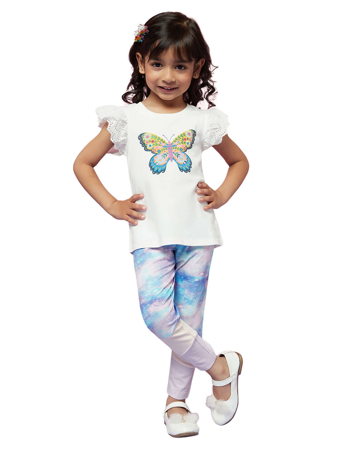 Kid Girls' White Butterfly Print T-Shirt and Colourful Legging