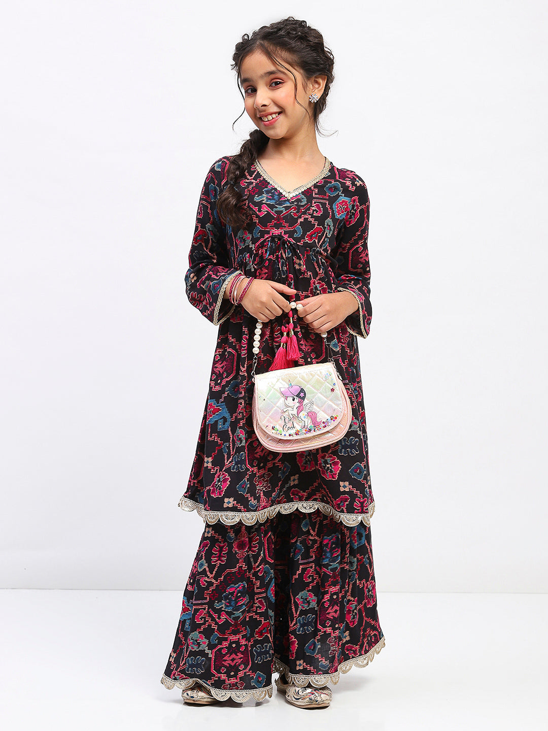 Girls Floral Print Ethnic Tiered  Kurta and Sharara Set