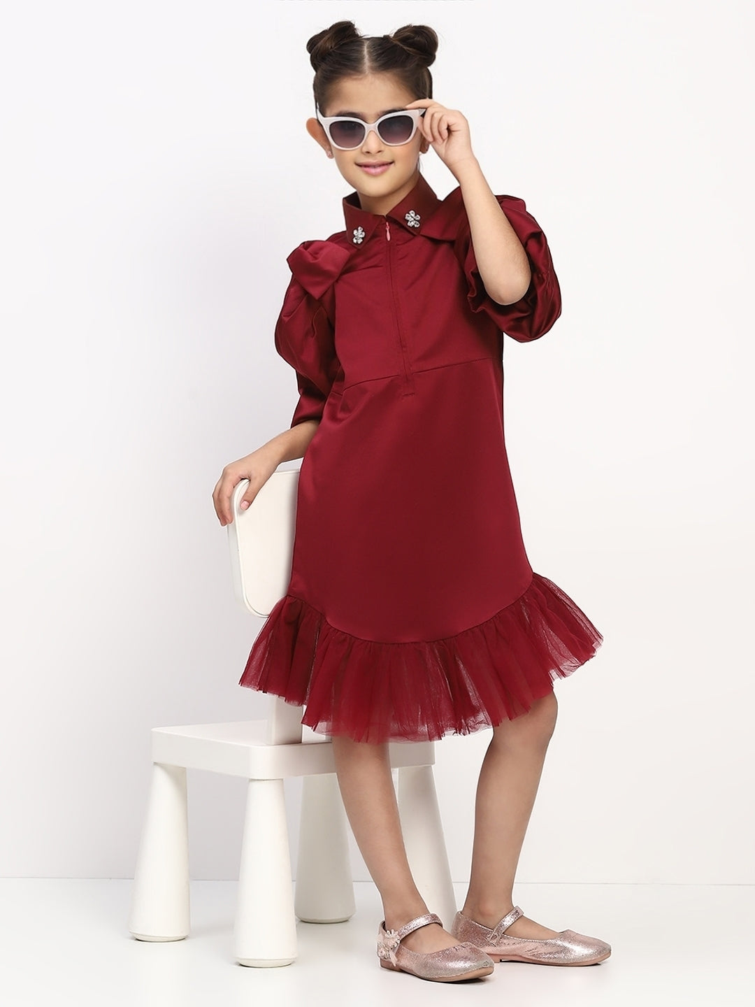 Girl's Maroon Collared Pleated Tulle Cap Sleeve Dress