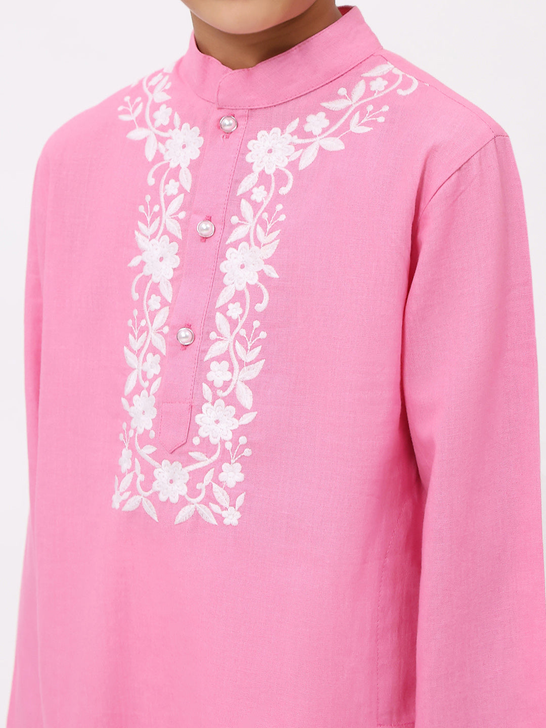 Boys Cotton Linen Pink Embroidered Kurta Set