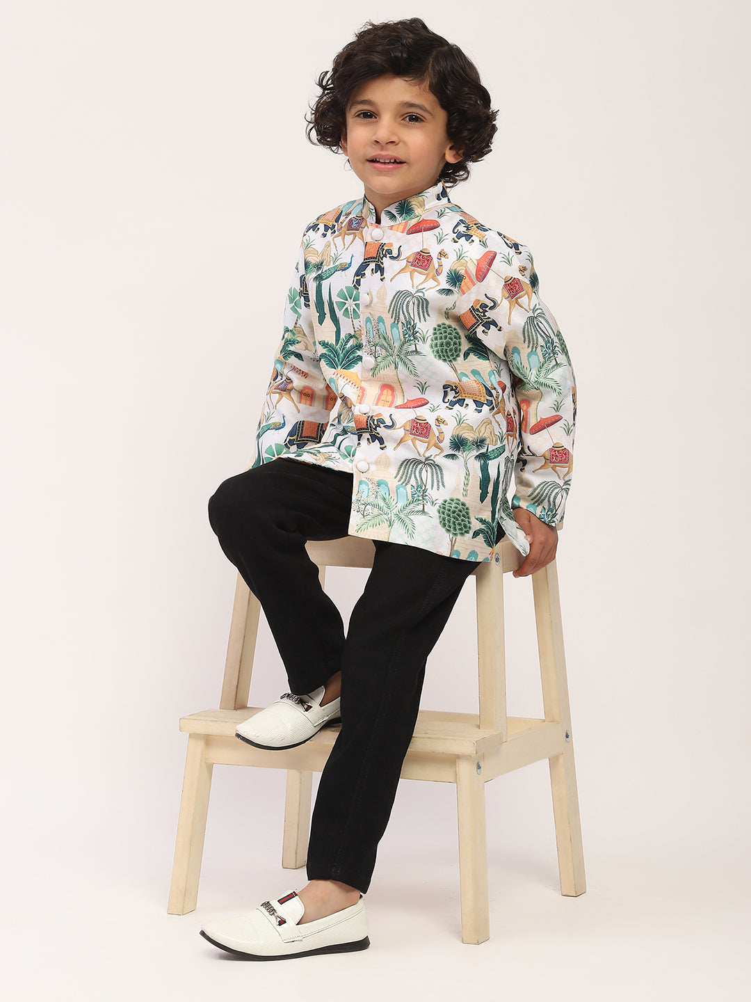 Spunkies White  Elegant Floral Printed Kids Ethnic Jacket