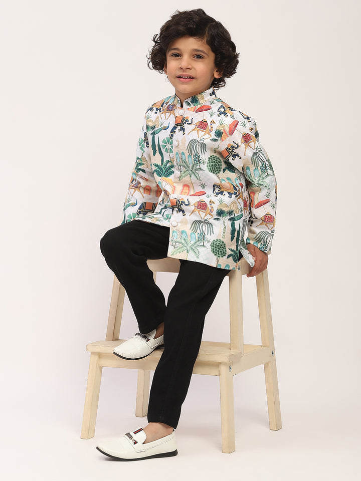 Spunkies White  Elegant Floral Printed Kids Ethnic Jacket