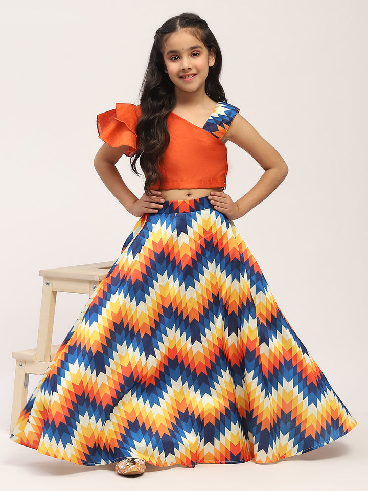 Spunkies Girls Orange and Blue Printed Lehenga with One-Shoulder Frilled Blouse Set