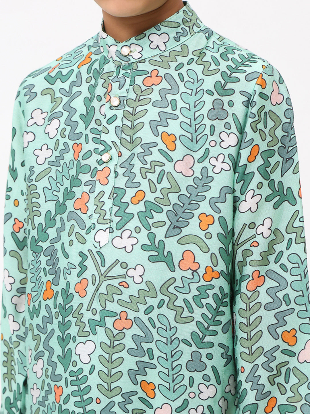 Boys Cotton Chanderi Green Printed Kurta Set