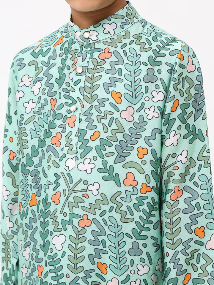 Boys Cotton Chanderi Green Printed Kurta Set