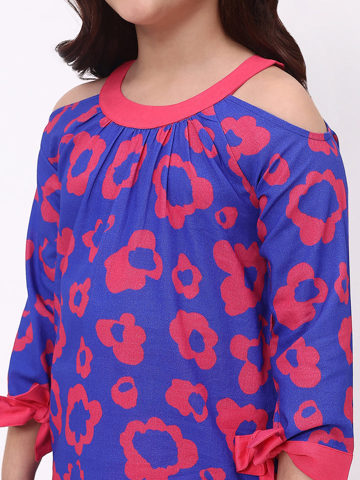 Girls Cotton Linen Blue Printed  Ethnic Co-Ord Set