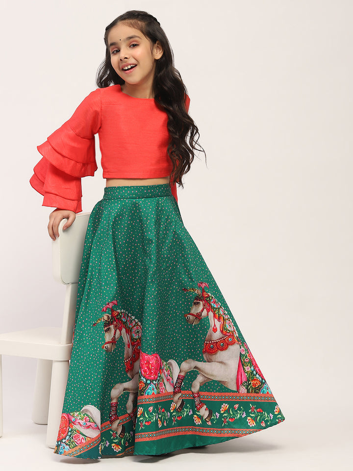 Spunkies Girls Green Printed Lehenga with Orange Bell-Sleeve Top Set