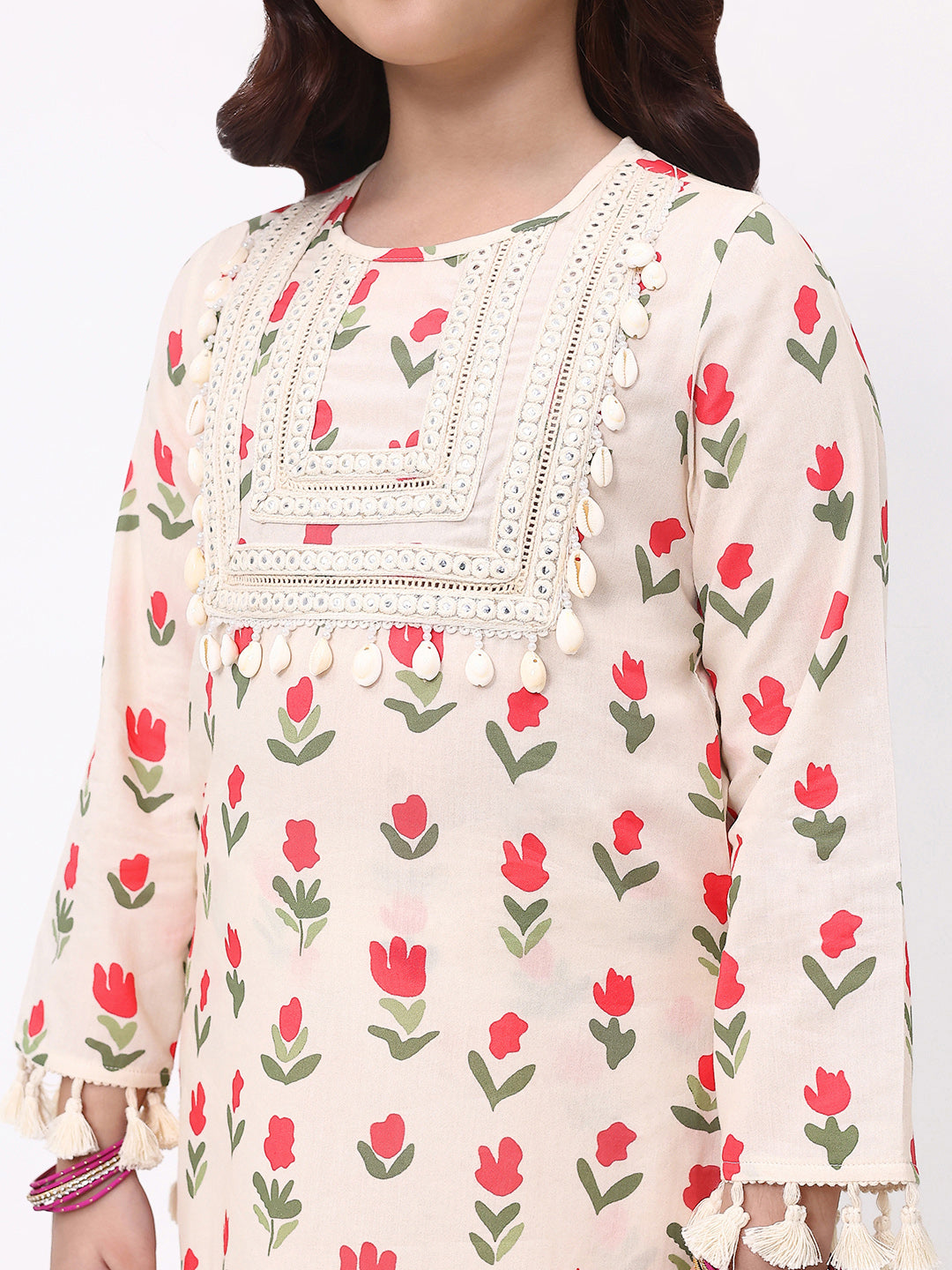 Girls Off white Floral Print Ethnic kurti and sharara Set