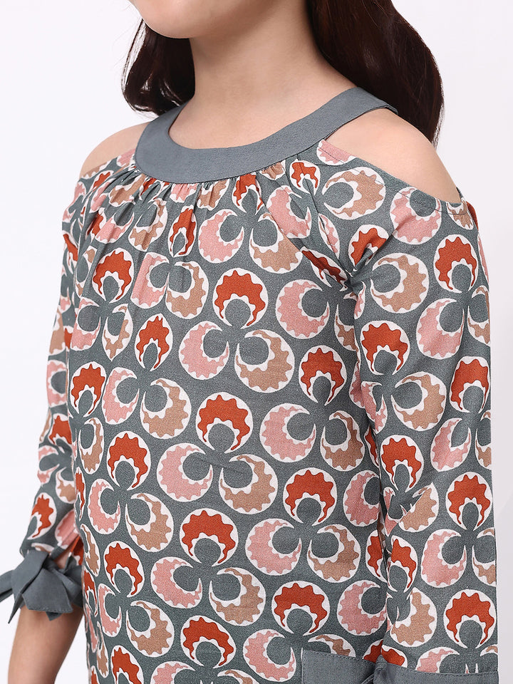 Girls Cotton Linen Dark Grey Printed  Ethnic Co-Ord Set