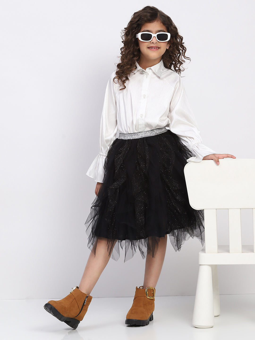 Girl's Black Layred Ruffled Tulle Skirt