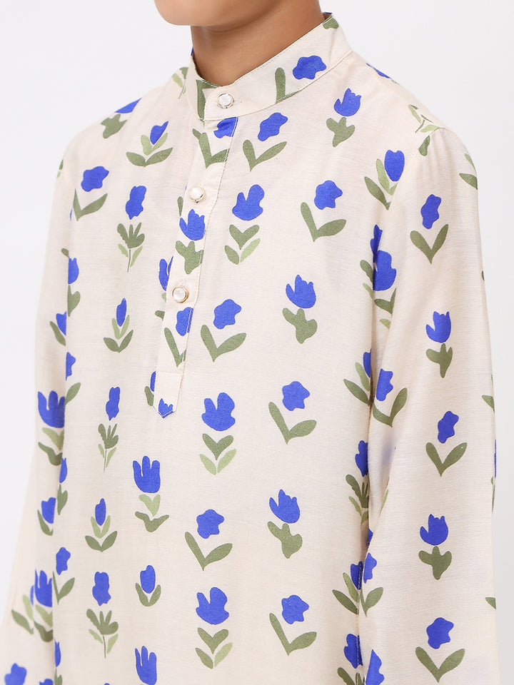 Boys Cotton Chanderi White Floral Printed Kurta Set