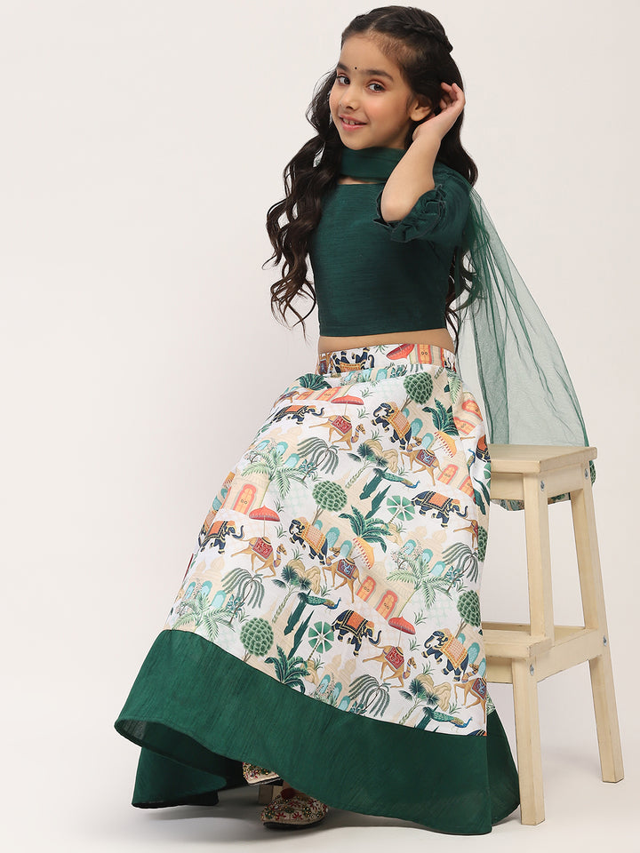 Spunkies White Printed Lehenga with Green 3/4th Sleeve Top Set