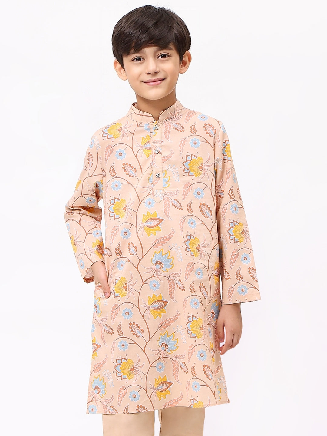 Boys Peach Floral Printed Ethnic Kurta Set