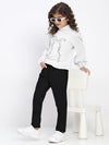 Girl's White Ribbed Puff Sleeve Sequin Bow Top