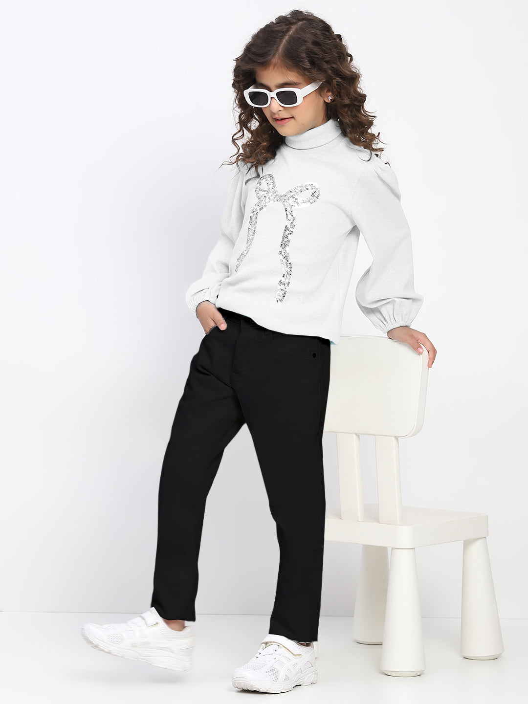 Girl's White Ribbed Puff Sleeve Sequin Bow Top
