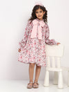 Girls Rose Pink Floral Printed Bishop Sleeves Bow Dress