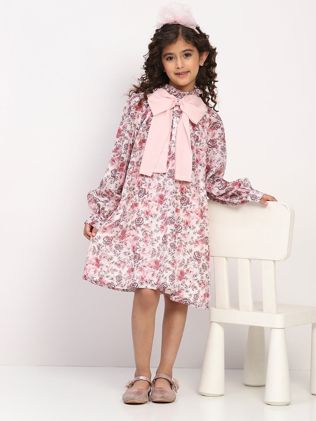Girls Rose Pink Floral Printed Bishop Sleeves Bow Dress