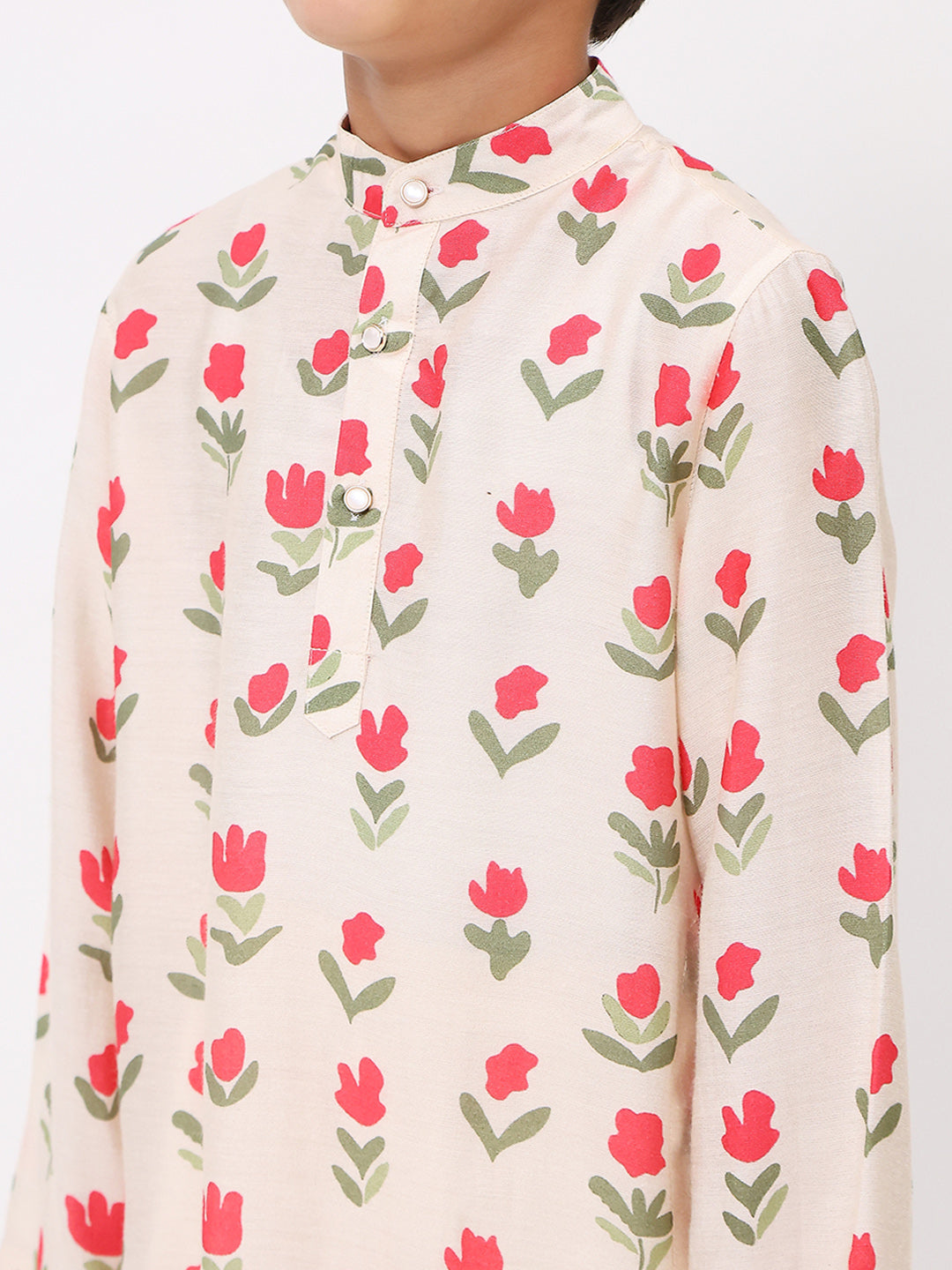 Boys Cotton Chanderi Cream Floral Printed Kurta Set
