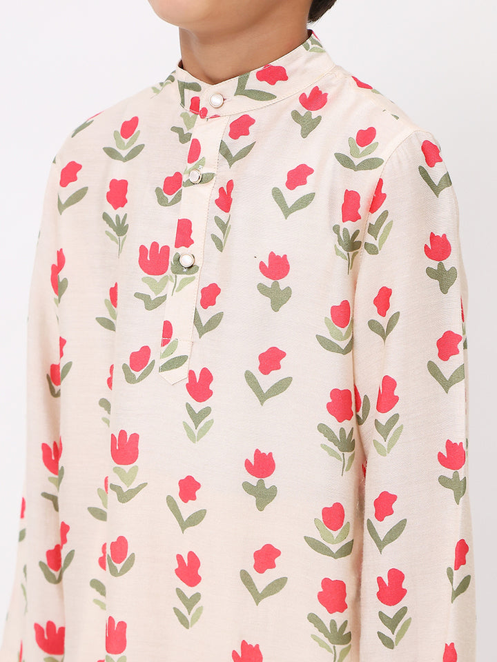 Boys Cotton Chanderi Cream Floral Printed Kurta Set