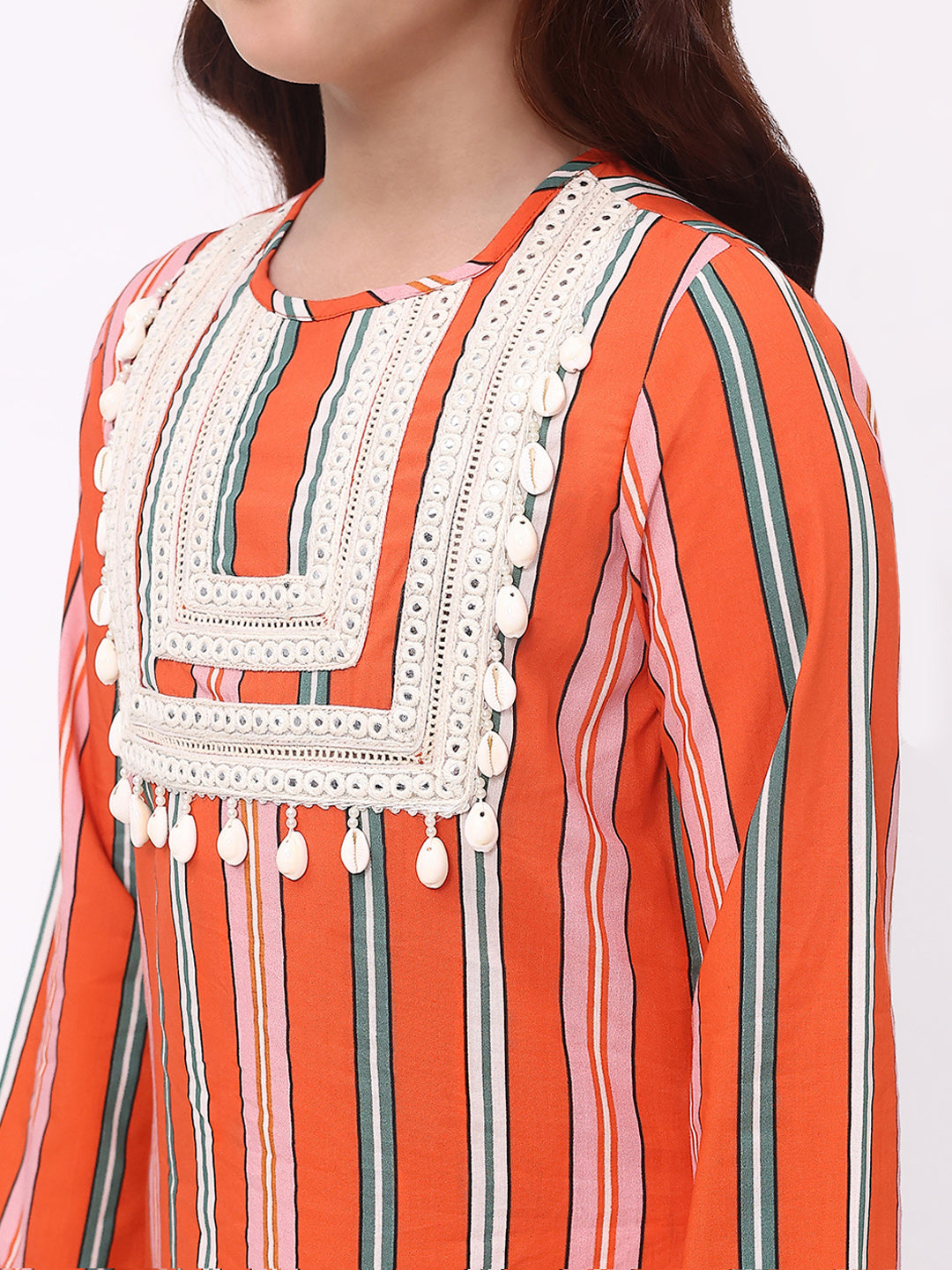 Girls Orange Stripe Ethnic kurti and sharara Set