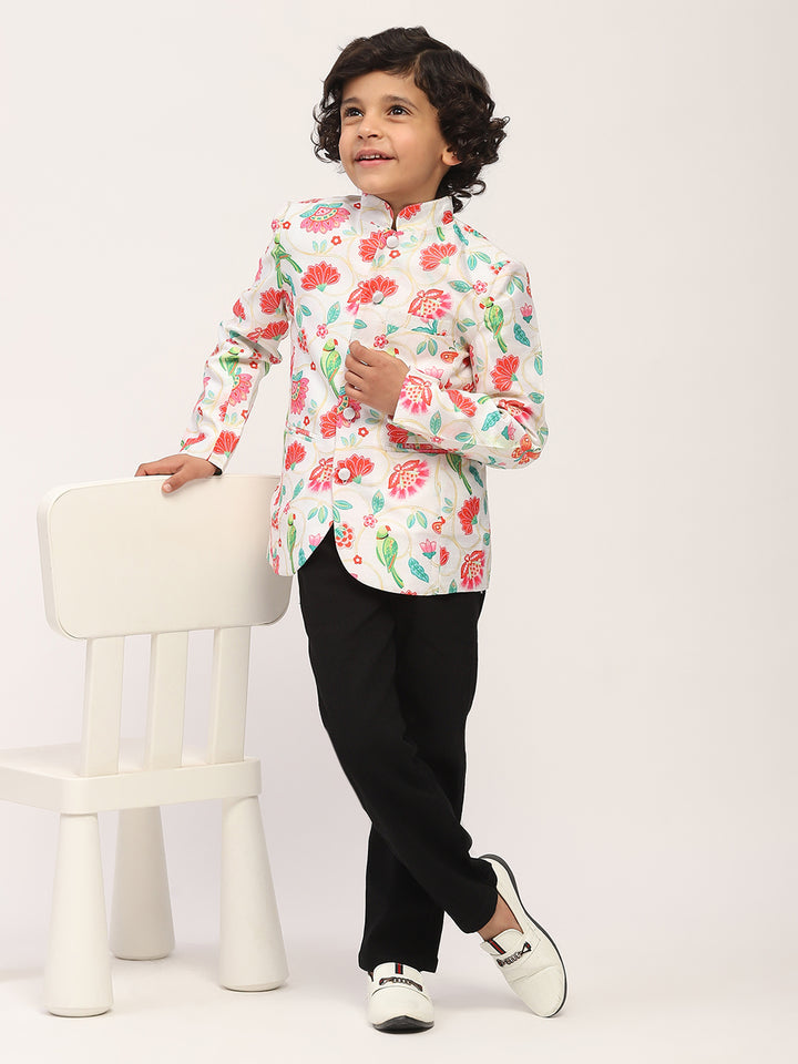 Spunkies white Elegant Floral Print Kids Ethnic Jacket with Mandarin Collar