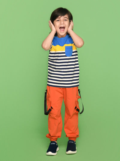 Kid Boys' Multicolored Striped T-Shirt with Pocket and Vibrant Orange Joggers Set