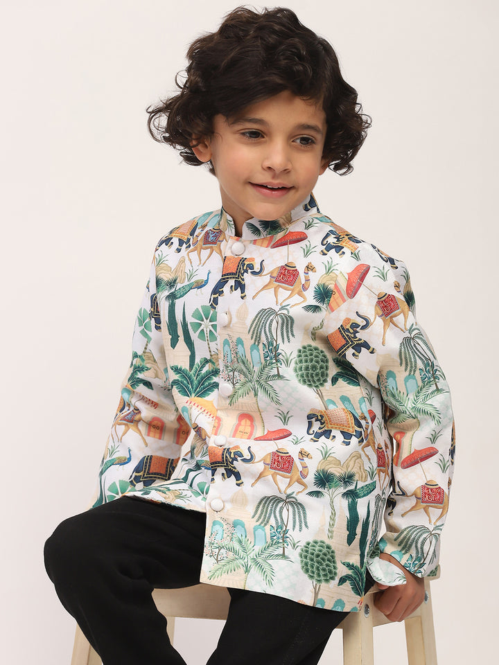 Spunkies White  Elegant Floral Printed Kids Ethnic Jacket