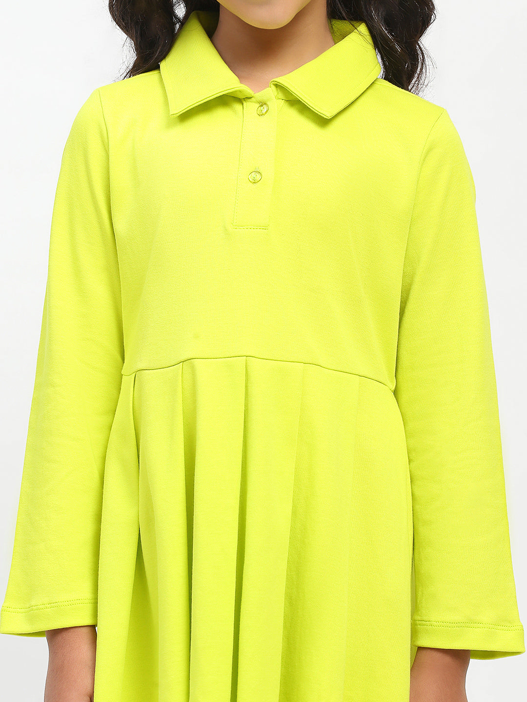 Girls Cotton Lime Green Polo Neck Pleated Dress