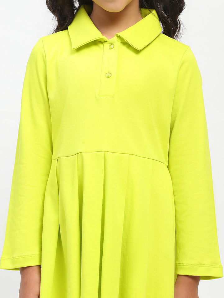 Girls Cotton Lime Green Polo Neck Pleated Dress